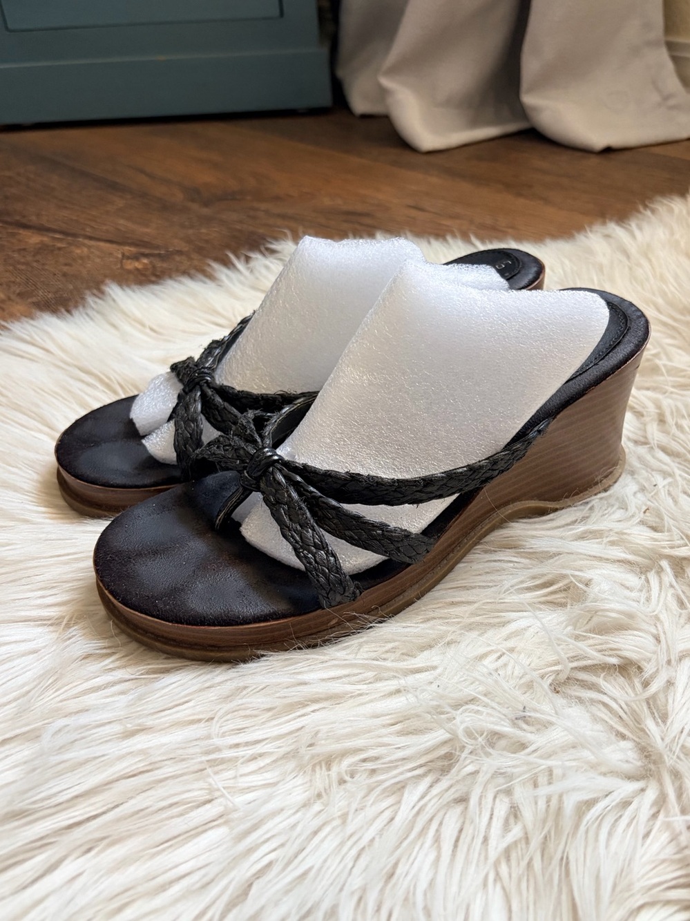 LOWER EAST SIDE Black Braided Strap Wedge Sandals with Brown Wood-Look Heel
